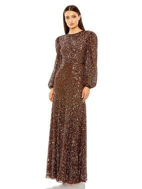 Mac Duggal 93902 Brown Sheer Long Sleeve Beaded Gown Size 18 NWOT